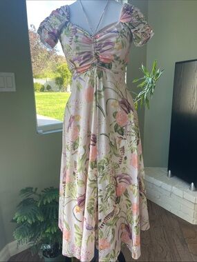 Cara Cara Size 2 Floral Botanical Bird Print Midi Dress Puff Sleeve Cottagecore